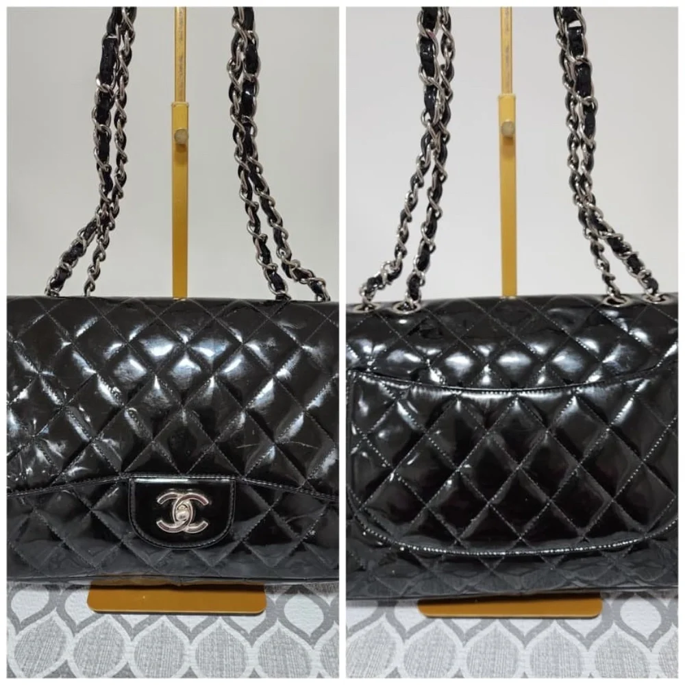 Authentic Chanel Quilted Patent Leather Maxi Classic Single Flap Bag
